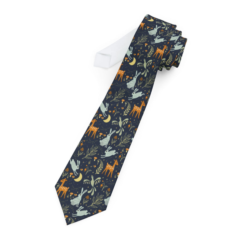 Woodland Animal Necktie – Nature Inspired Tie with Deer, Birds & Rabbits, Forest, Greenman