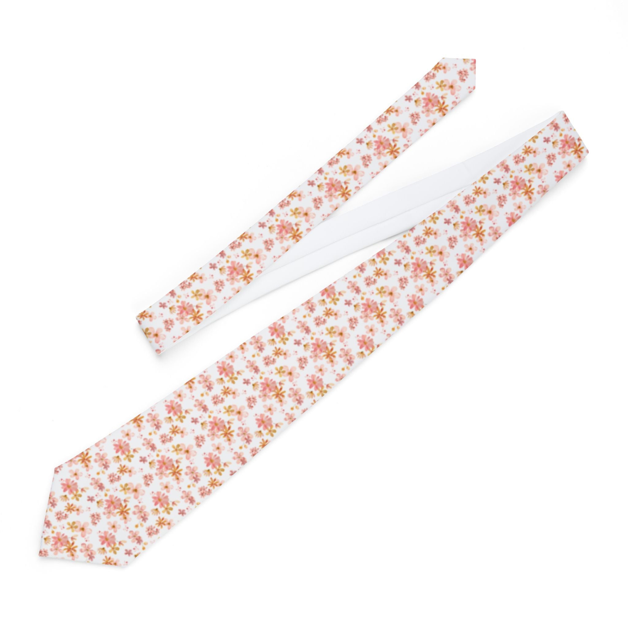 White Floral Necktie - Soft Red and Peach Flower Pattern