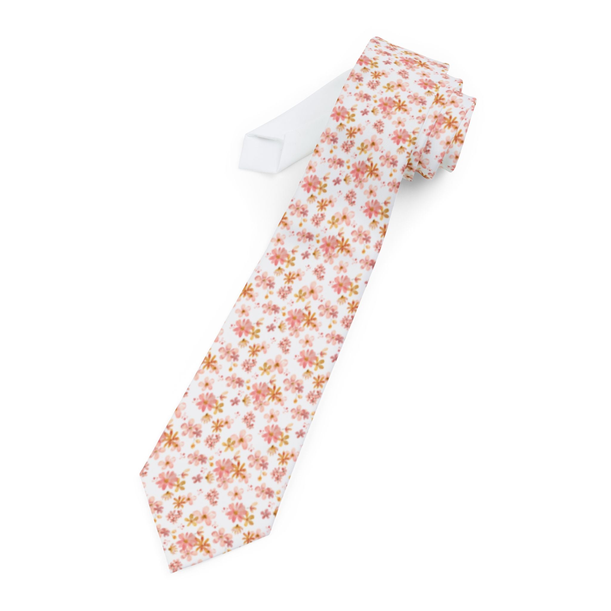 White Floral Necktie - Soft Red and Peach Flower Pattern