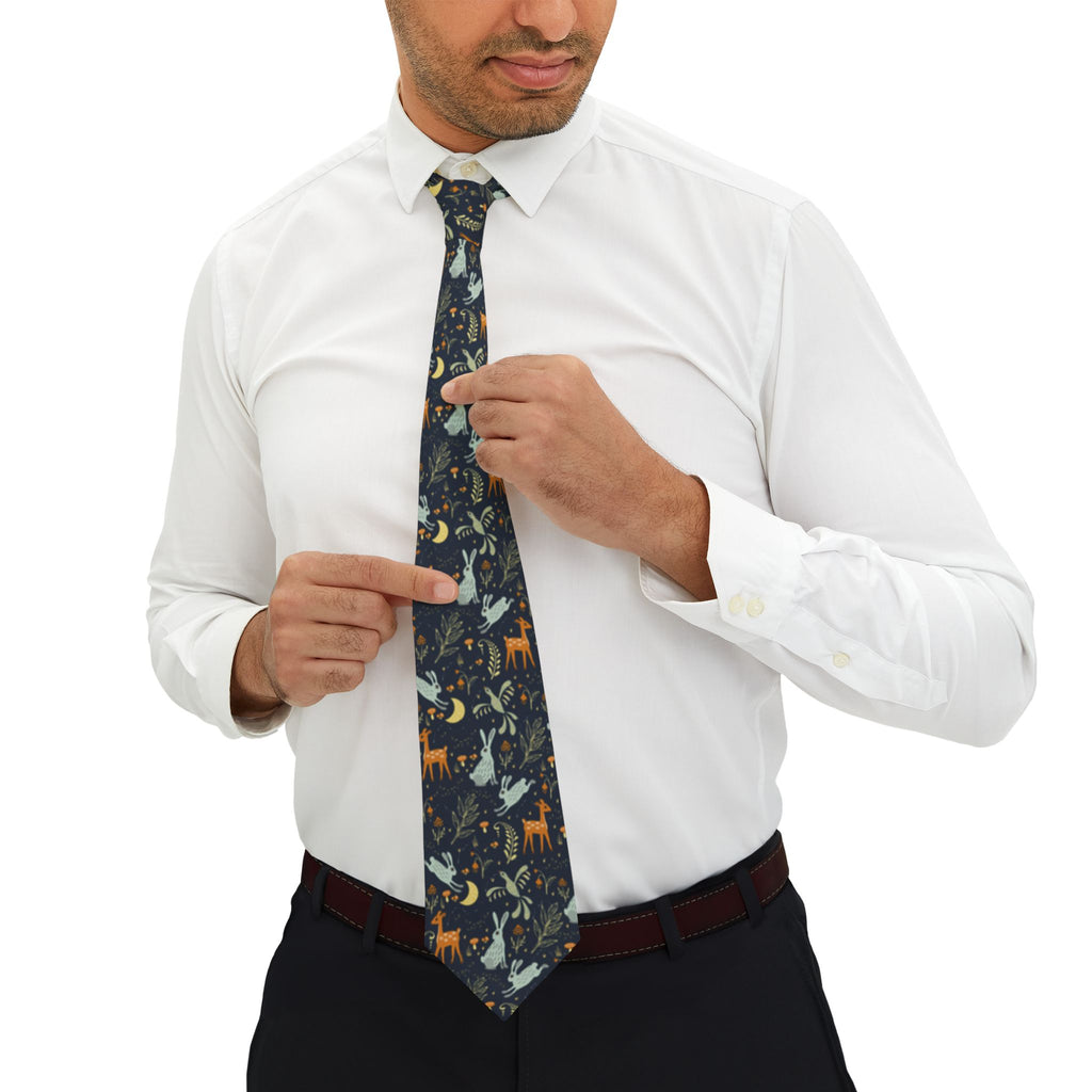 Woodland Animal Necktie – Nature Inspired Tie with Deer, Birds & Rabbits, Forest, Greenman