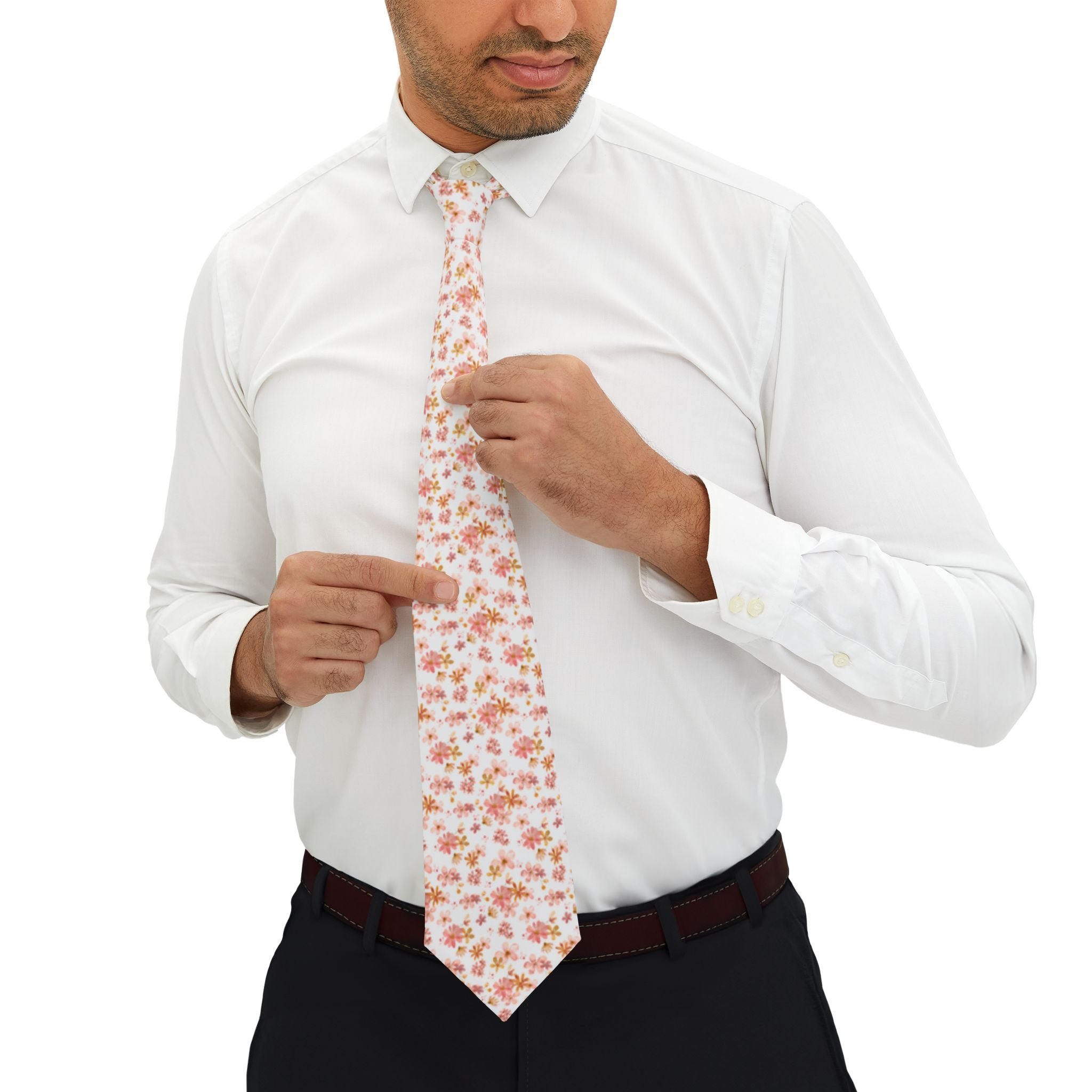 White Floral Necktie - Soft Red and Peach Flower Pattern