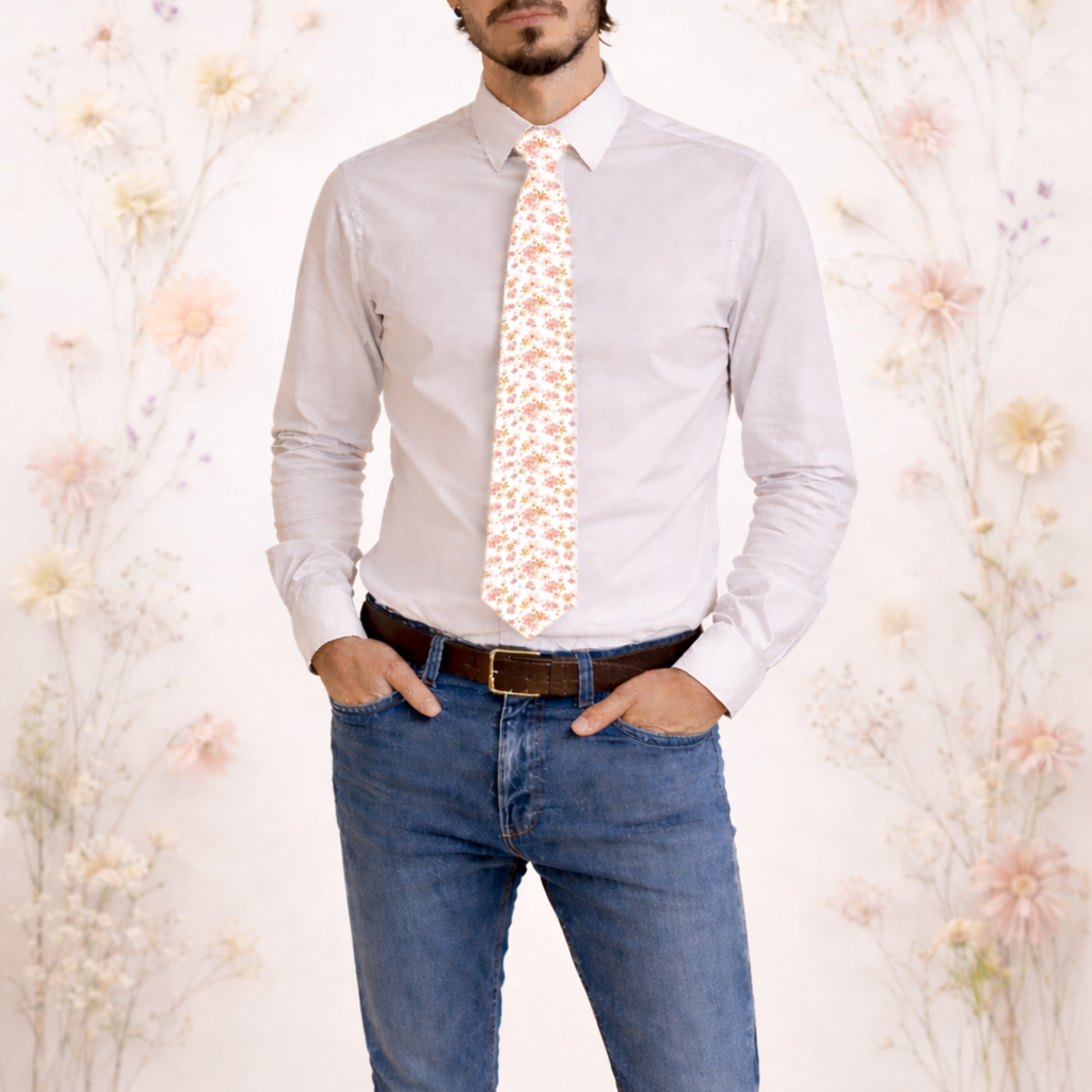 White Floral Necktie - Soft Red and Peach Flower Pattern
