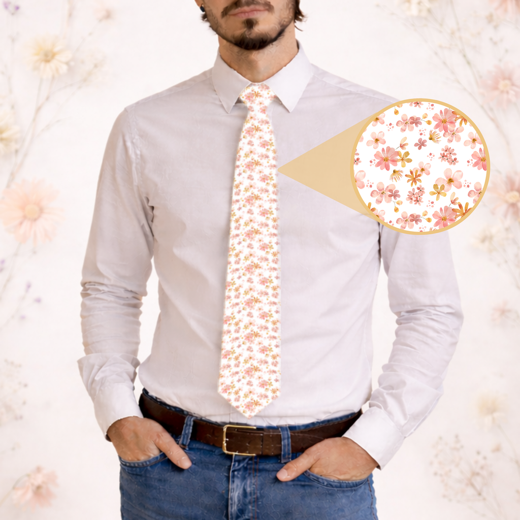 White Floral Necktie - Soft Red and Peach Flower Pattern