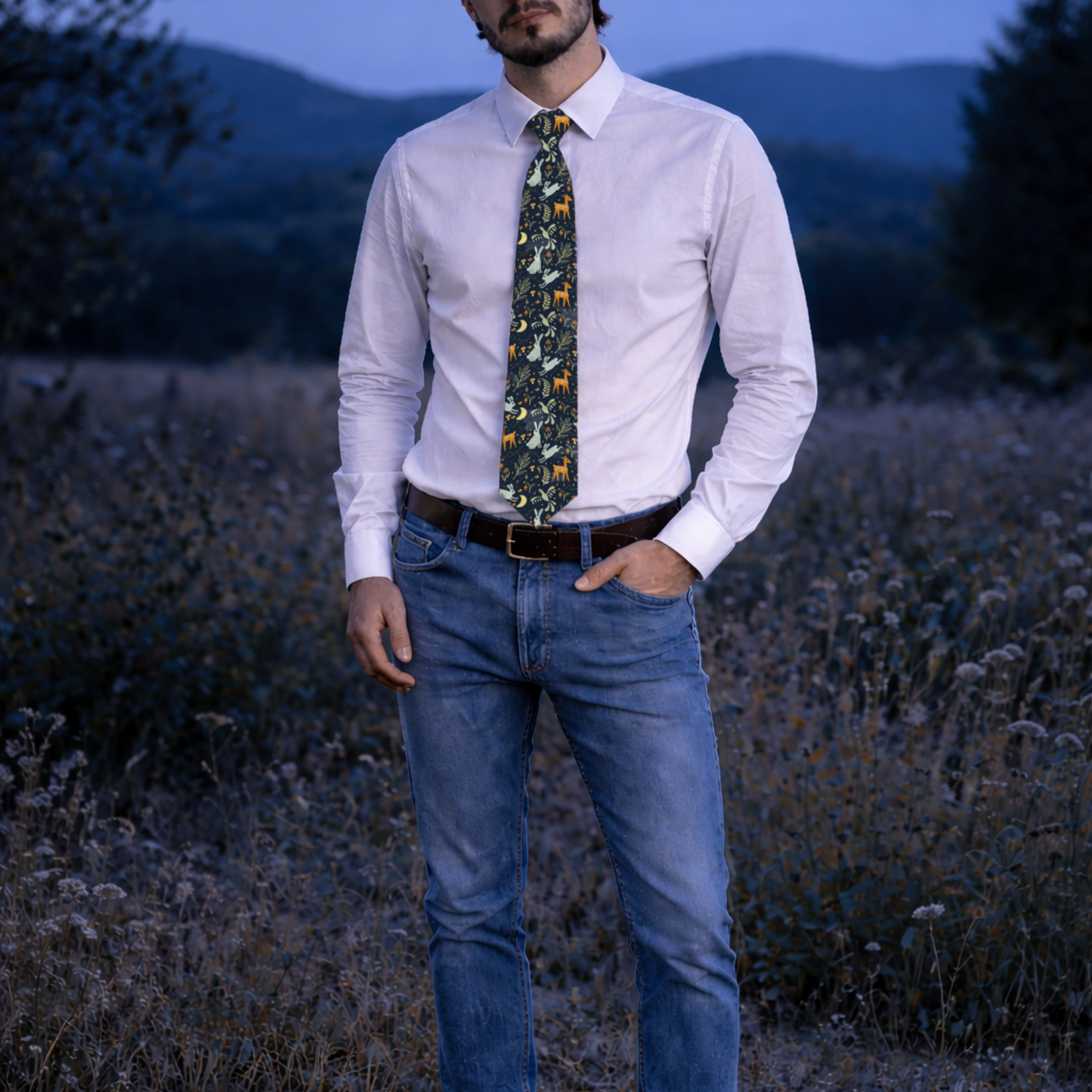 Woodland Animal Necktie – Nature Inspired Tie with Deer, Birds & Rabbits, Forest, Greenman