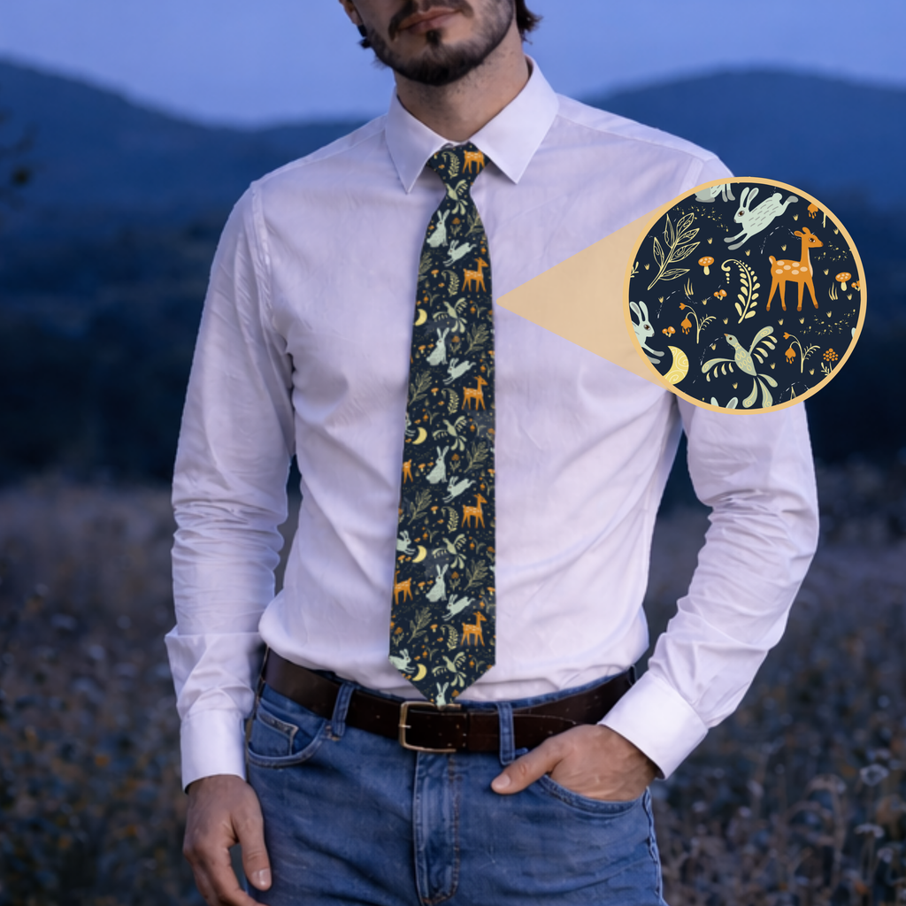 Woodland Animal Necktie – Nature Inspired Tie with Deer, Birds & Rabbits, Forest, Greenman