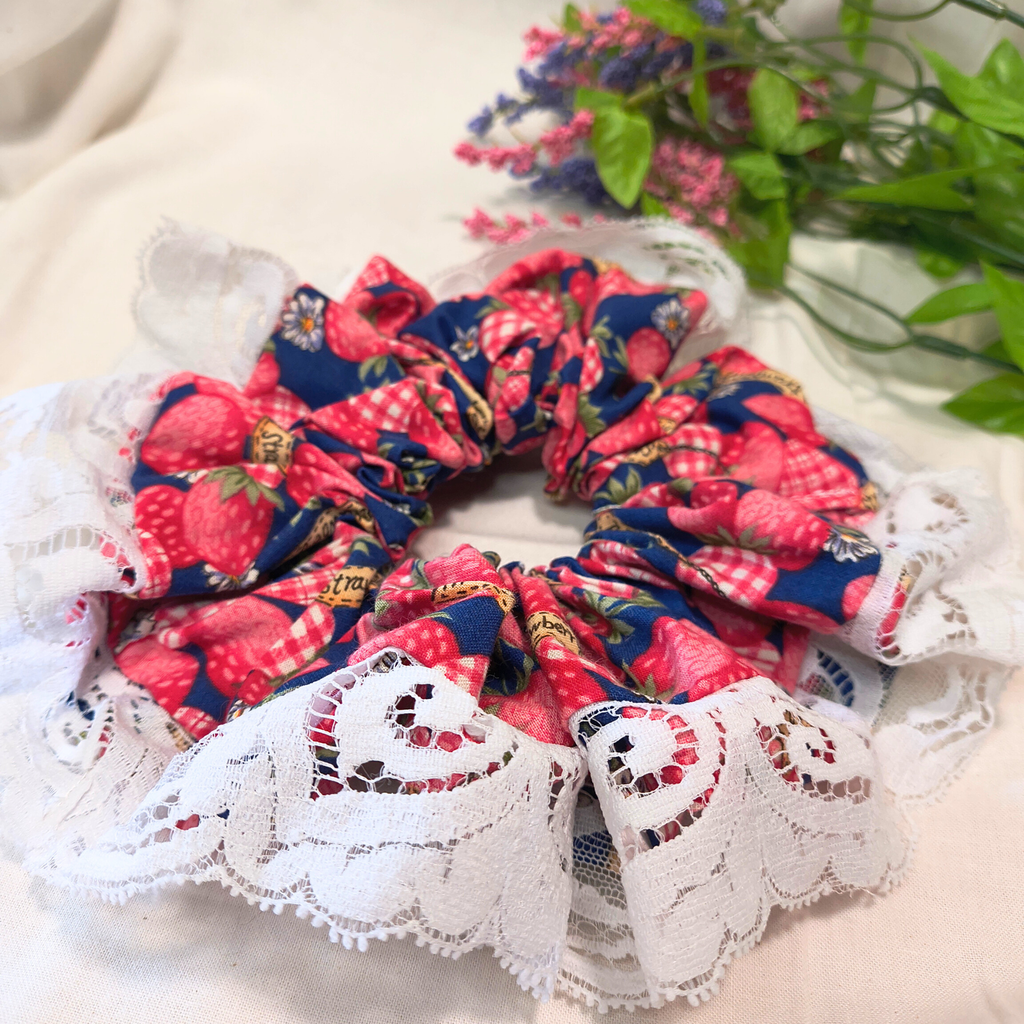 Strawberry Lace Cottage Scrunchie - Made with Upcycled Materials