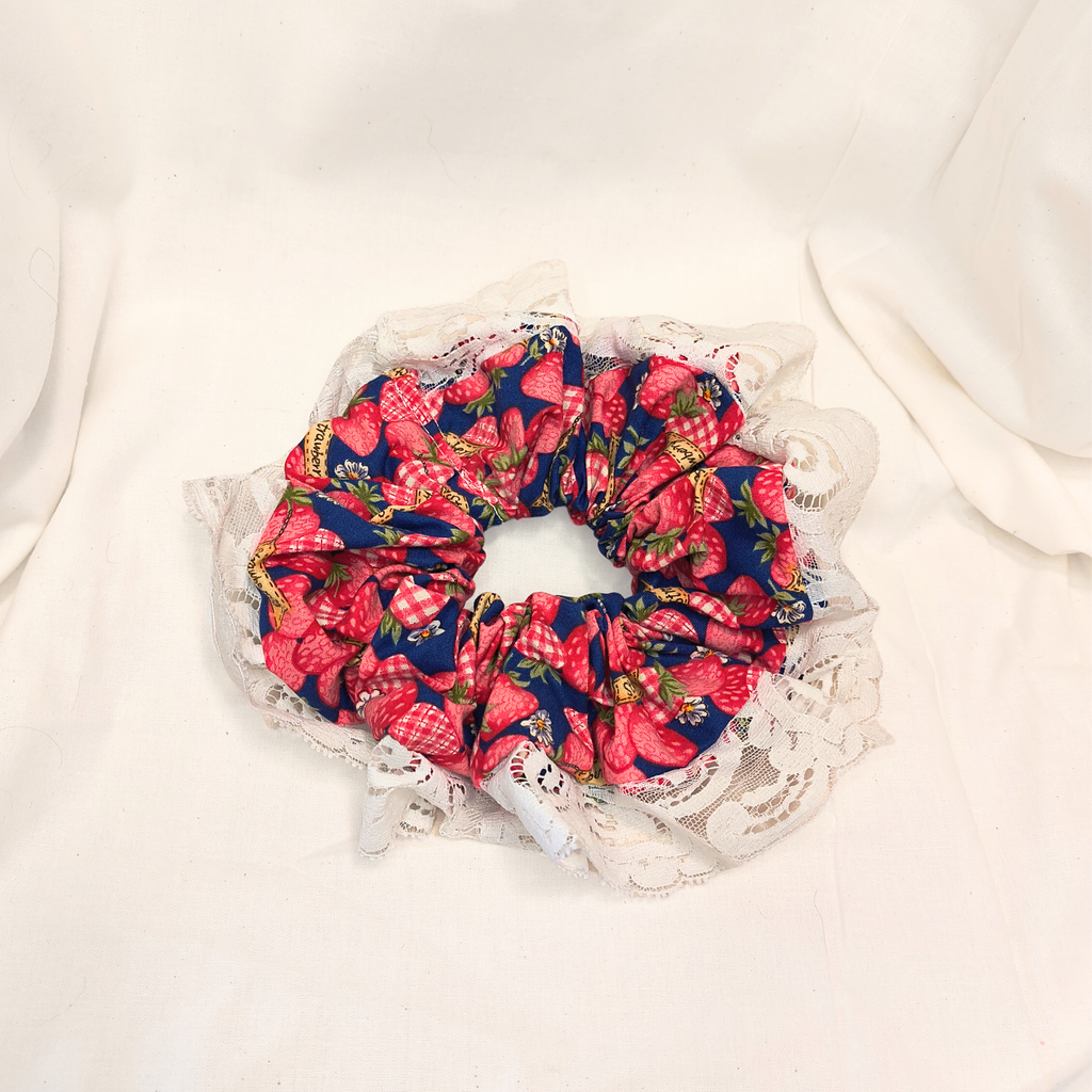 Strawberry Lace Cottage Scrunchie - Made with Upcycled Materials