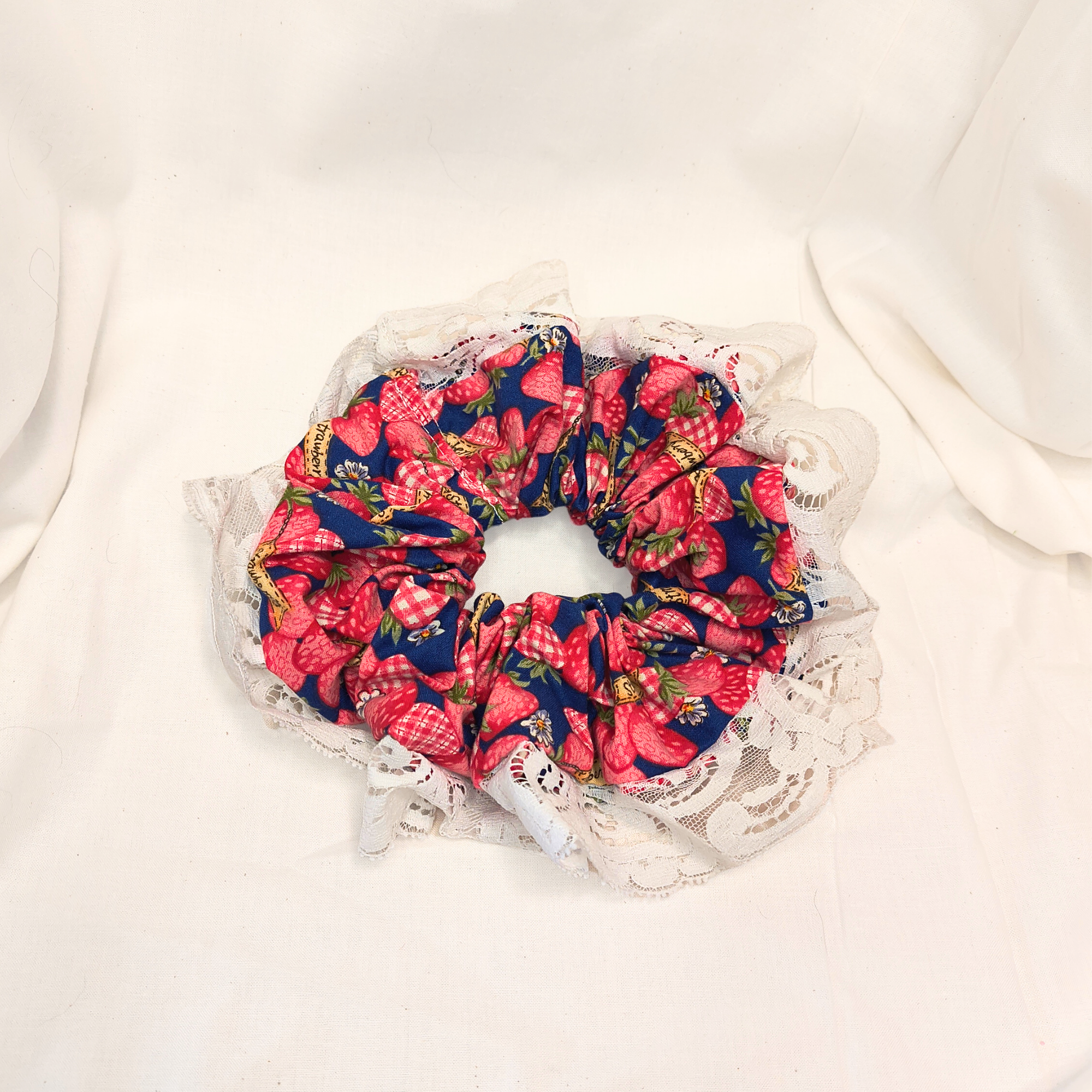 Strawberry Lace Cottage Scrunchie - Made with Upcycled Materials